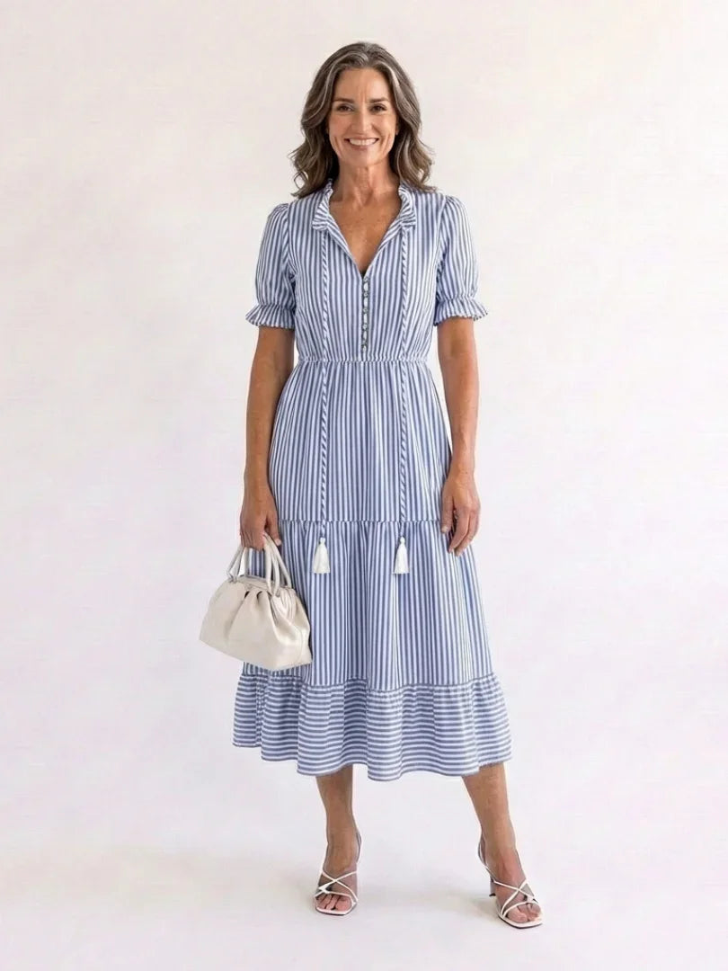 Portia | Striped Short Sleeve Tiered Midi Dress