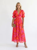Meadow | V-Neck Floral Midi Dress With Puff Sleeves