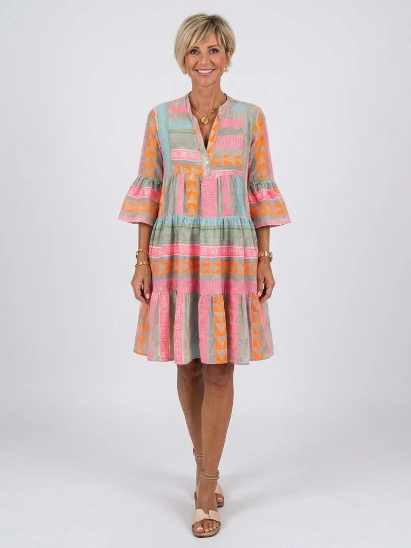 Hester | V-Neck Geometric Print Tiered Knee-Length Dress