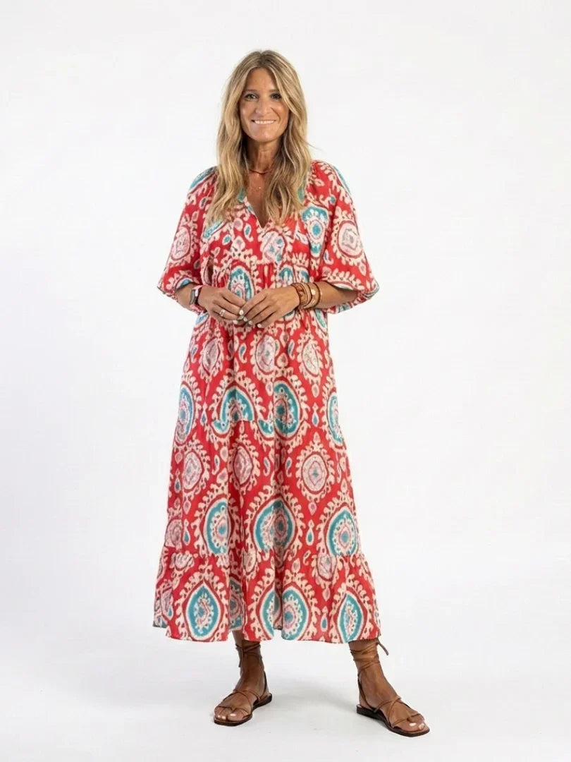 Arden | V-Neck Paisley Print Short Sleeve Midi Dress