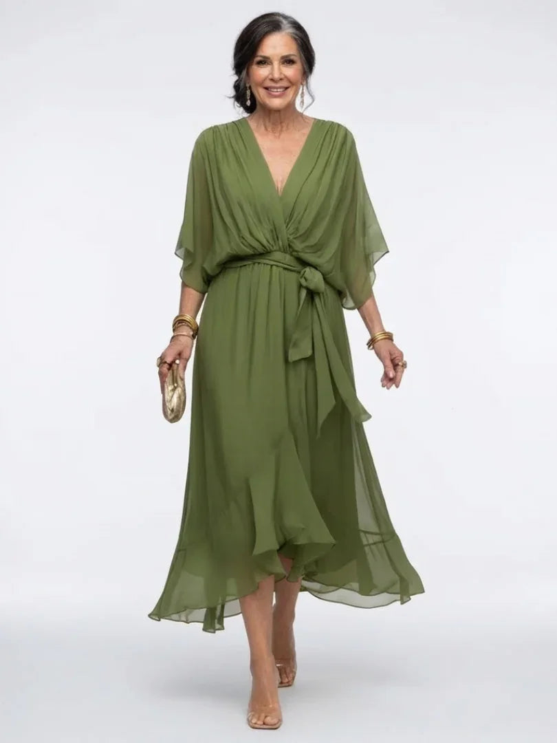 Nessa | Draped V-Neck Tie-Waist Midi Dress