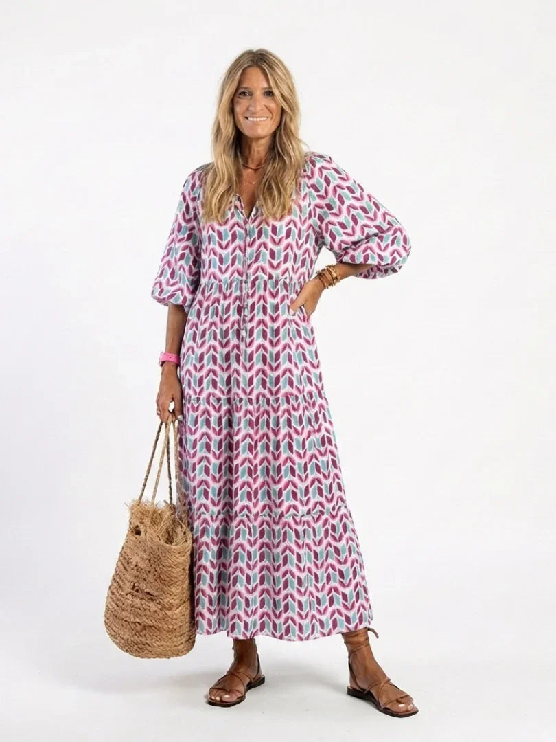 Dorothea | Long Sleeve Geometric Print Tiered Midi Dress