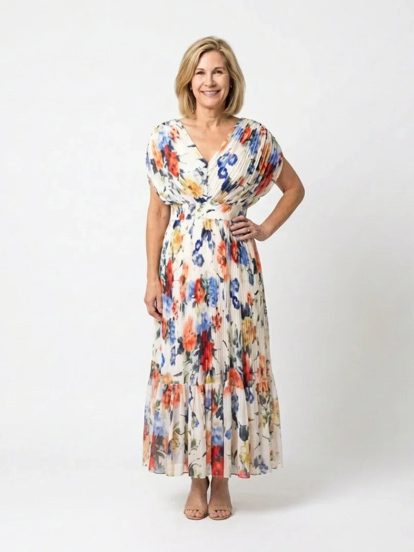 Raya | Pleated Floral Short Sleeve Midi Dress