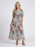 Esme | Short Sleeve V-Neck Midi Dress With Gathered Waist