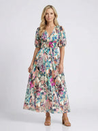Esme | Short Sleeve V-Neck Midi Dress With Gathered Waist