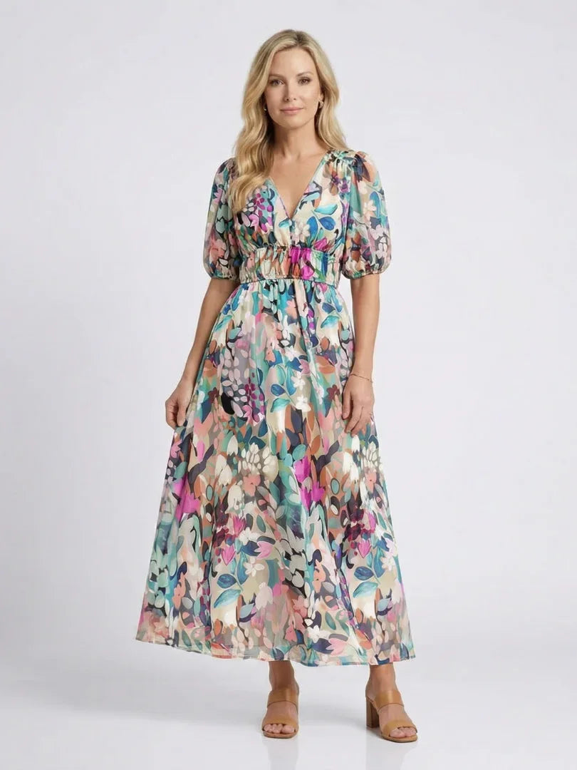 Esme | Short Sleeve V-Neck Midi Dress With Gathered Waist