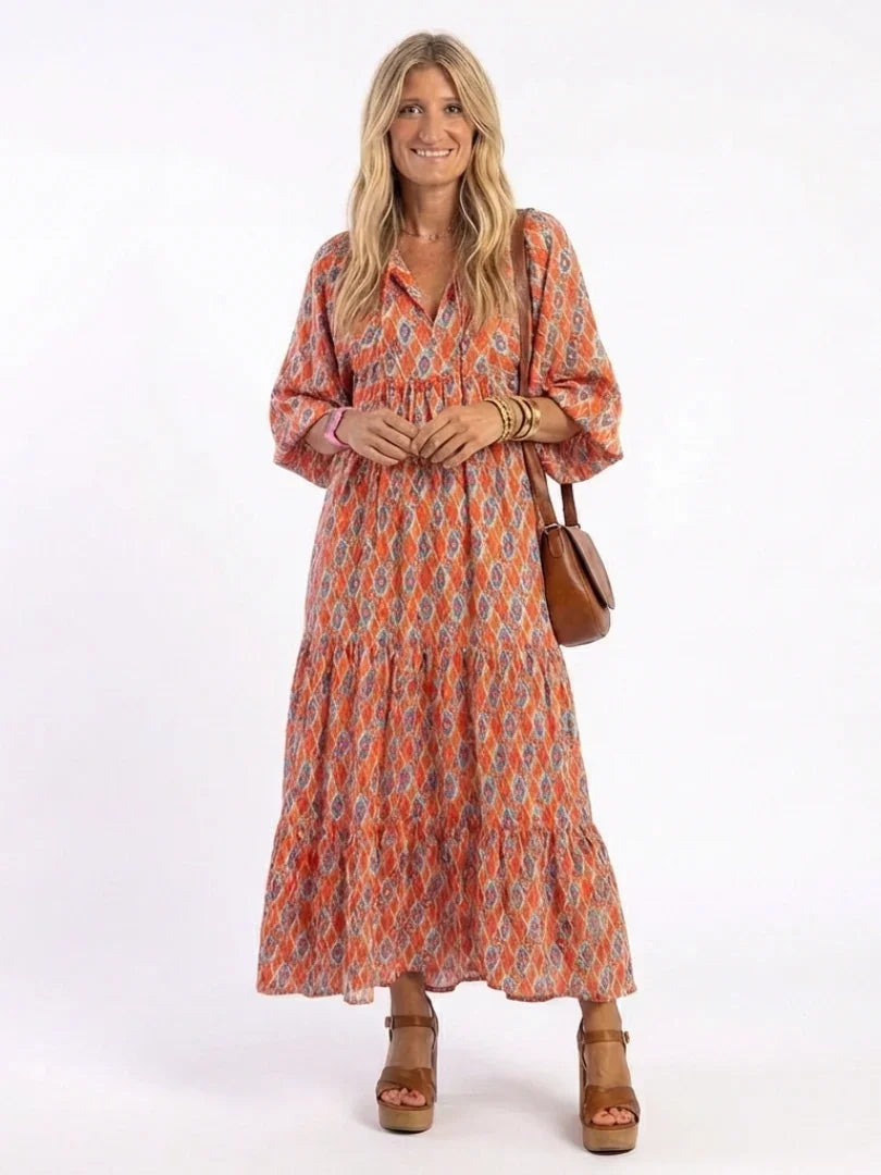 Daphne | V-Neck Geometric Print Tiered Midi Dress