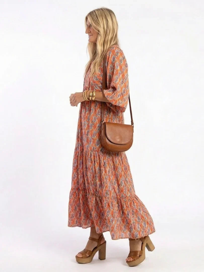 Daphne | V-Neck Geometric Print Tiered Midi Dress