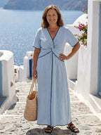 Hadley | Twist-Front V-Neck Short Sleeve Midi Dress