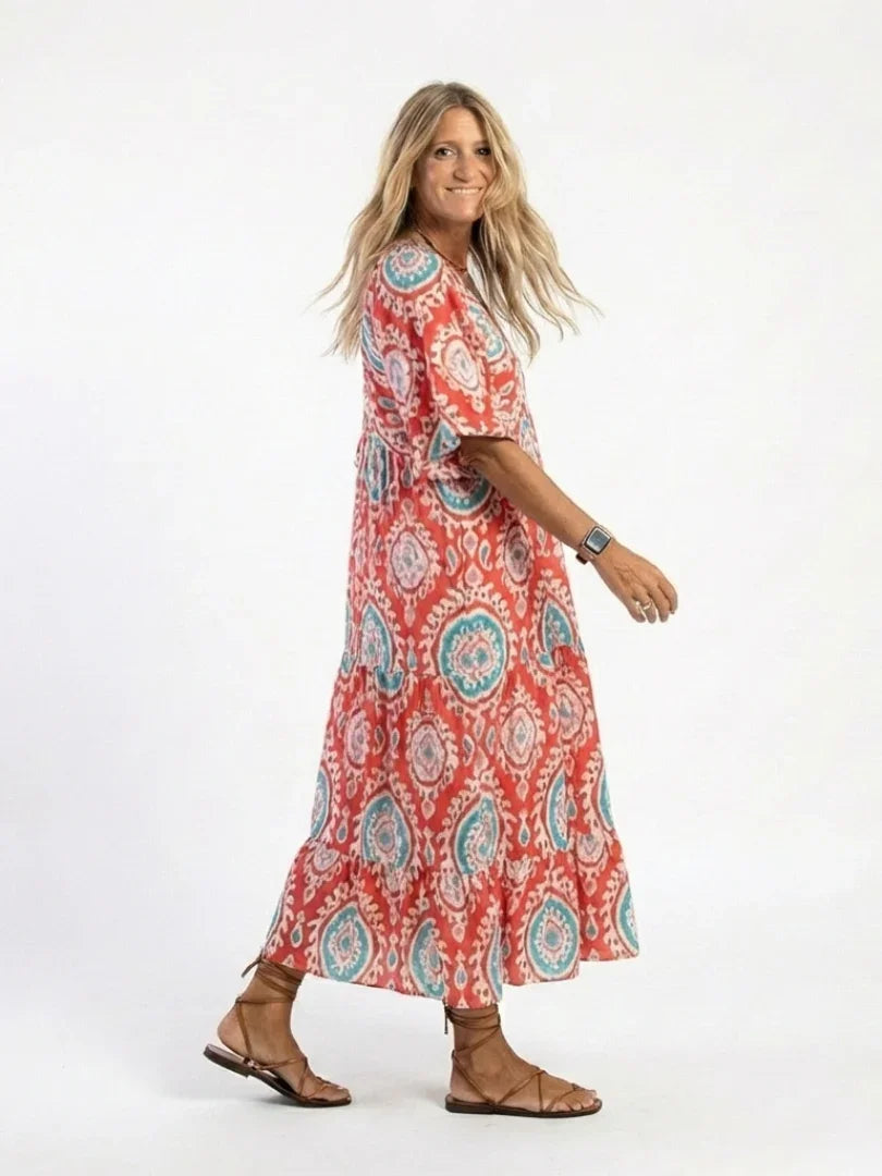 Arden | V-Neck Paisley Print Short Sleeve Midi Dress