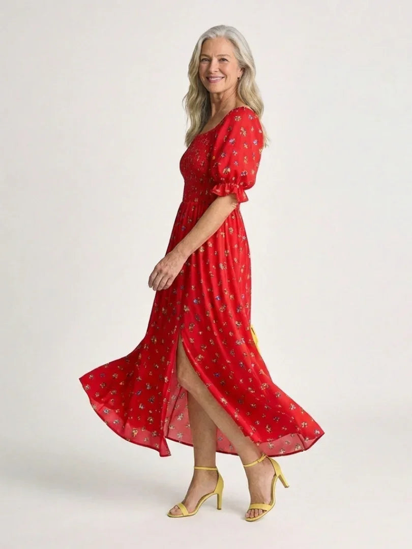 Azalea | Floral Square Neck Puff Sleeve Midi Dress