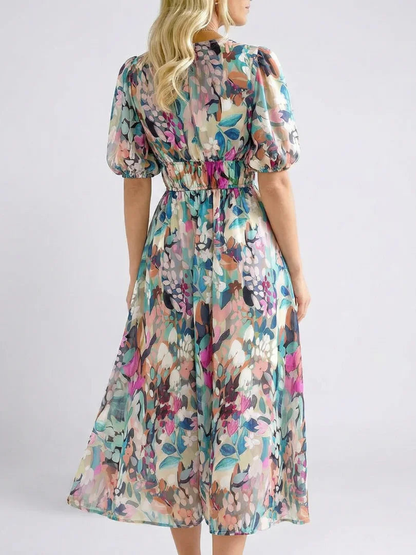 Esme | Short Sleeve V-Neck Midi Dress With Gathered Waist