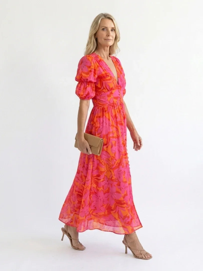 Meadow | V-Neck Floral Midi Dress With Puff Sleeves