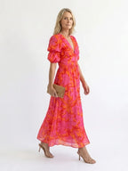 Meadow | V-Neck Floral Midi Dress With Puff Sleeves