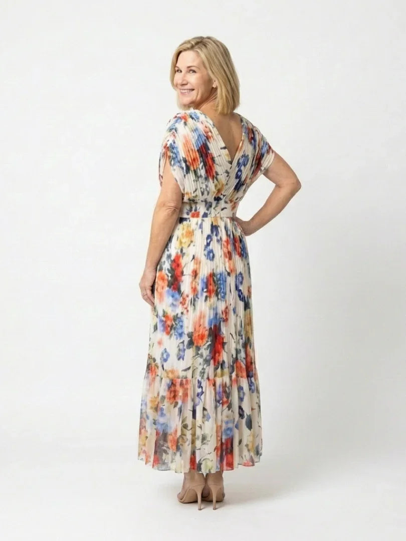 Raya | Pleated Floral Short Sleeve Midi Dress