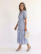 Portia | Striped Short Sleeve Tiered Midi Dress