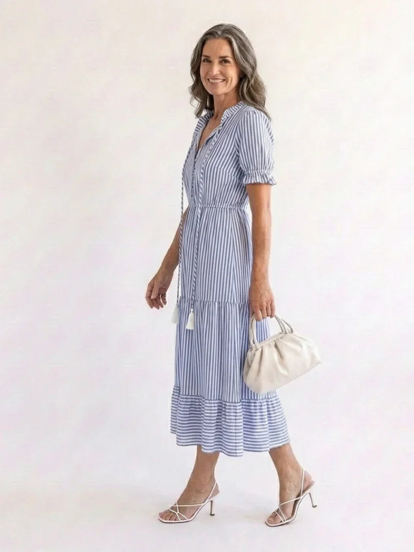 Portia | Striped Short Sleeve Tiered Midi Dress