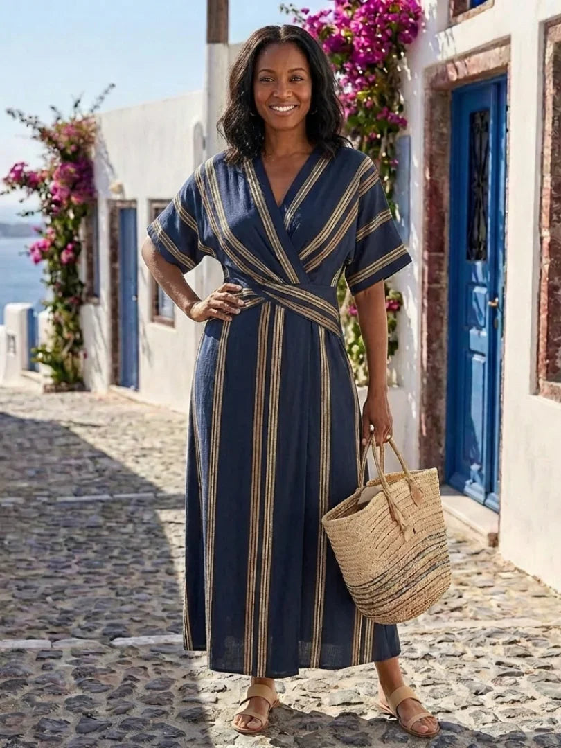 Leonie | Striped V-Neck Short Sleeve Wrap Midi Dress