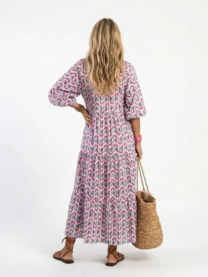 Dorothea | Long Sleeve Geometric Print Tiered Midi Dress