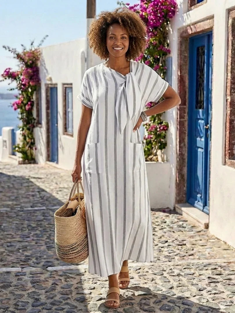 Dahlia | Striped Tie-Neck Short Sleeve Pocket Midi Dress