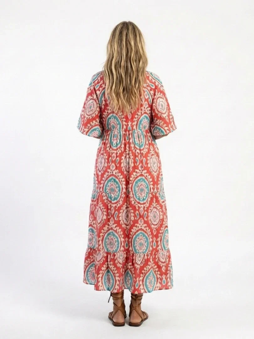 Arden | V-Neck Paisley Print Short Sleeve Midi Dress