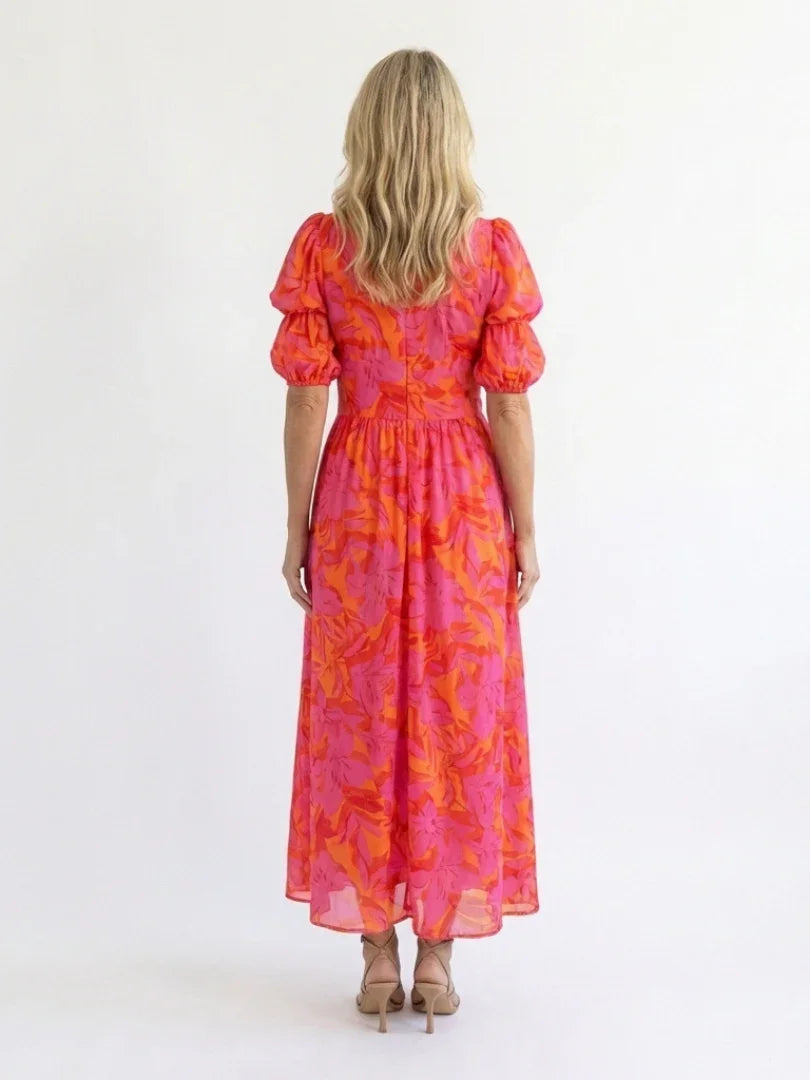 Meadow | V-Neck Floral Midi Dress With Puff Sleeves