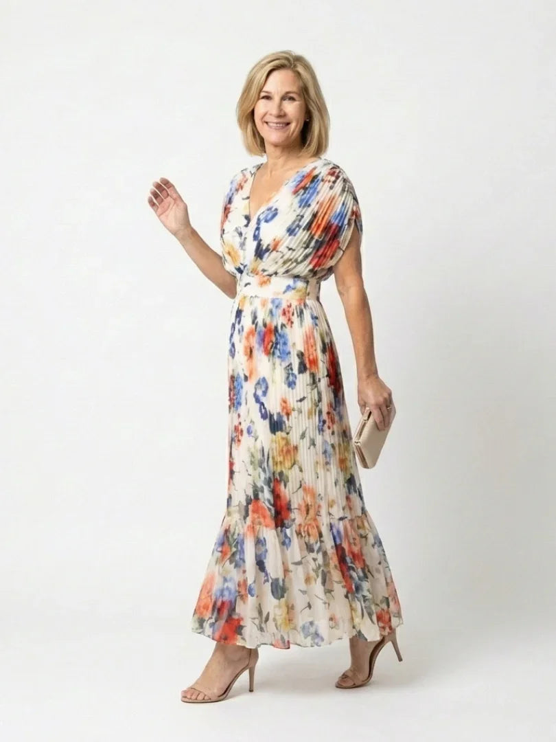 Raya | Pleated Floral Short Sleeve Midi Dress