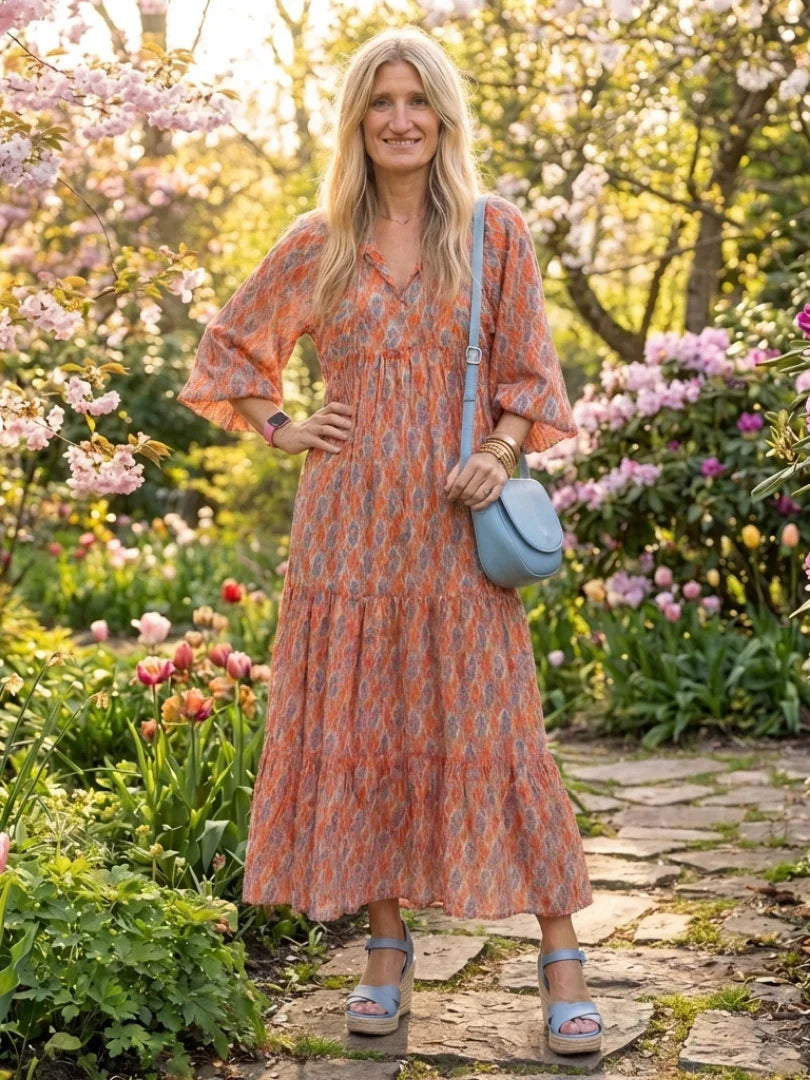 Daphne | V-Neck Geometric Print Tiered Midi Dress