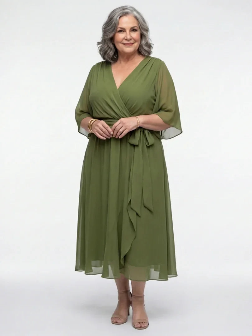 Nessa | Draped V-Neck Tie-Waist Midi Dress
