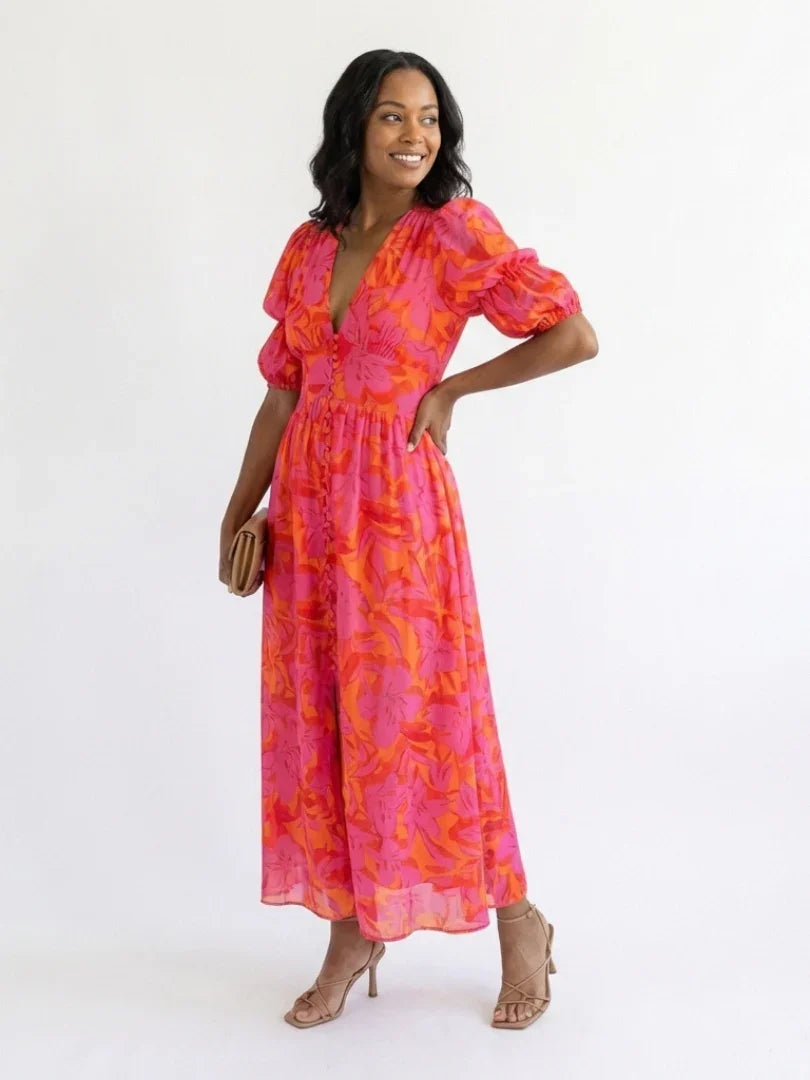 Meadow | V-Neck Floral Midi Dress With Puff Sleeves