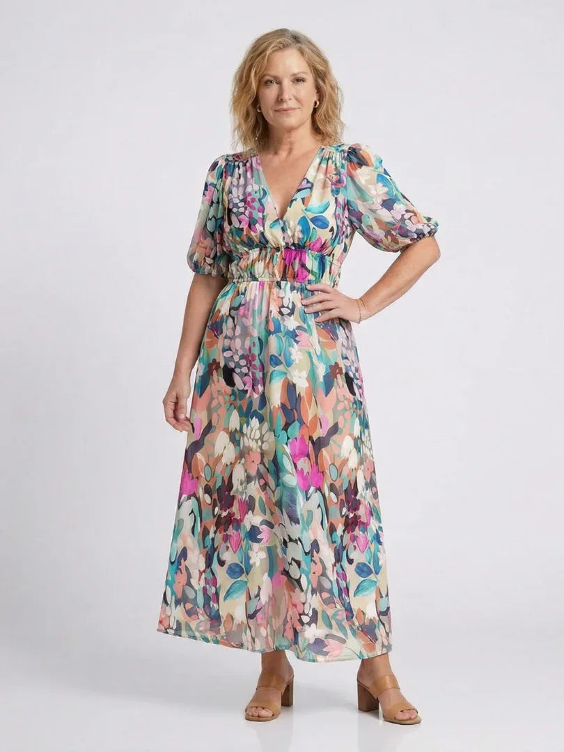 Esme | Short Sleeve V-Neck Midi Dress With Gathered Waist