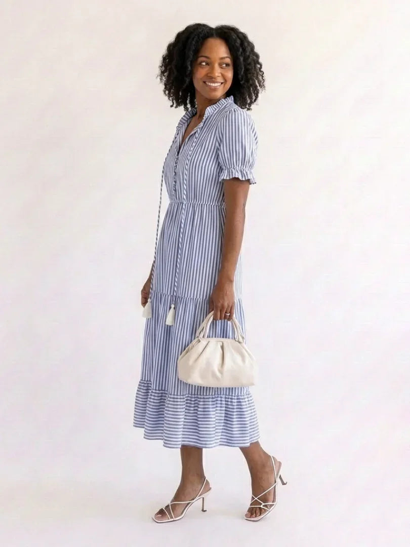 Portia | Striped Short Sleeve Tiered Midi Dress