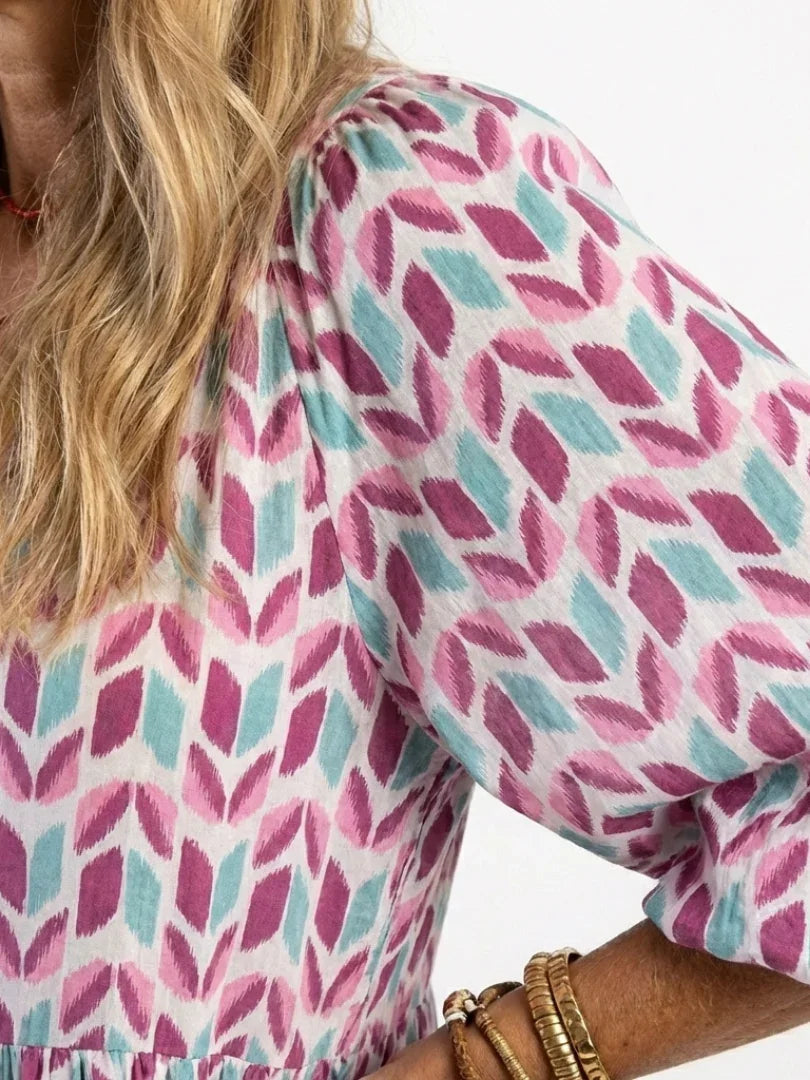 Dorothea | Long Sleeve Geometric Print Tiered Midi Dress