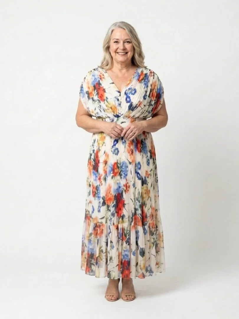 Raya | Pleated Floral Short Sleeve Midi Dress