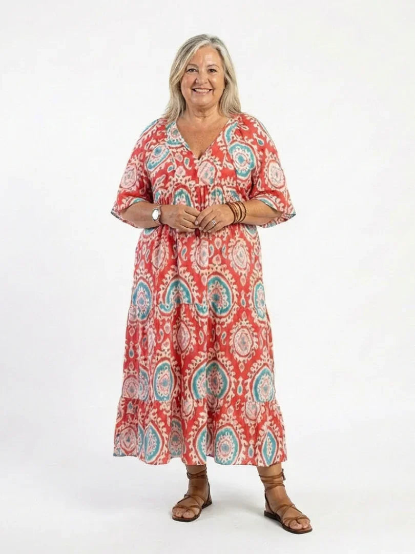 Arden | V-Neck Paisley Print Short Sleeve Midi Dress