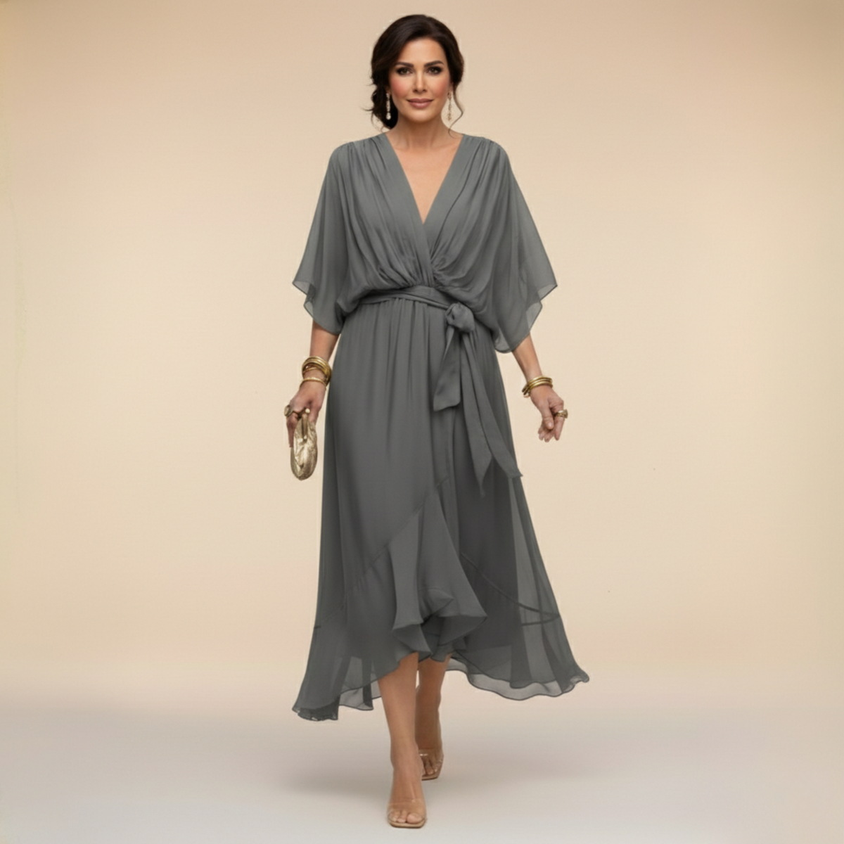 Cassia | Draped V-Neck Midi Dress