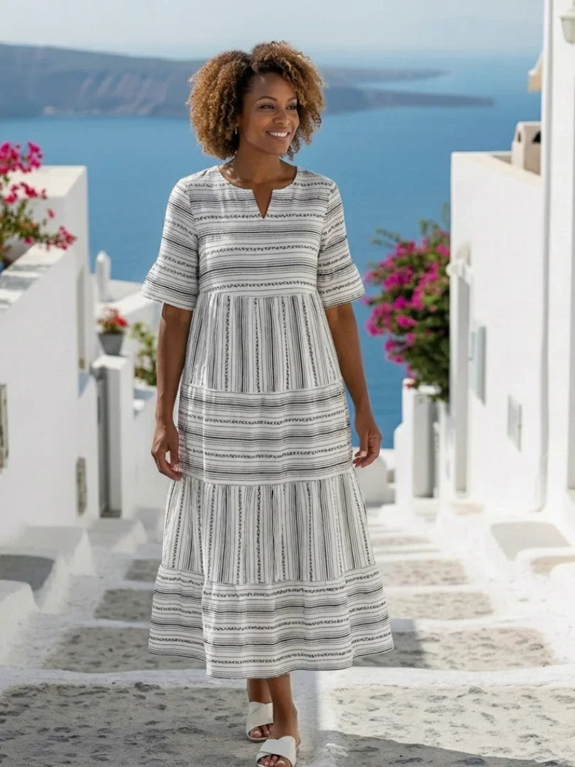 Evelyn | Tiered Striped Short Sleeve Midi Dress