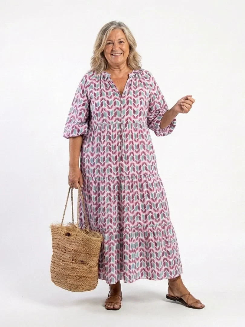 Dorothea | Long Sleeve Geometric Print Tiered Midi Dress