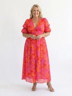 Meadow | V-Neck Floral Midi Dress With Puff Sleeves