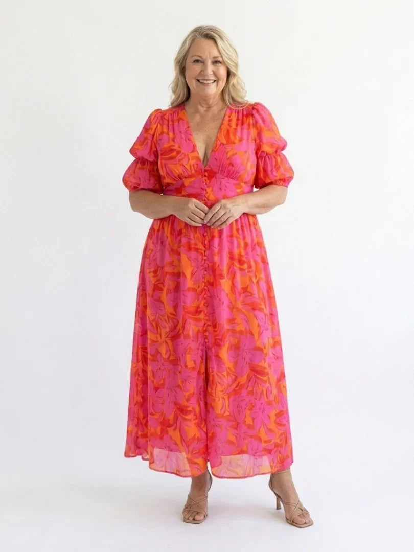 Meadow | V-Neck Floral Midi Dress With Puff Sleeves