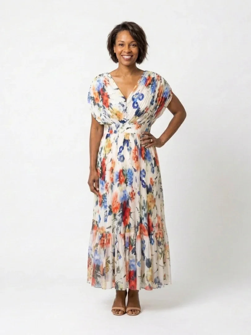 Raya | Pleated Floral Short Sleeve Midi Dress