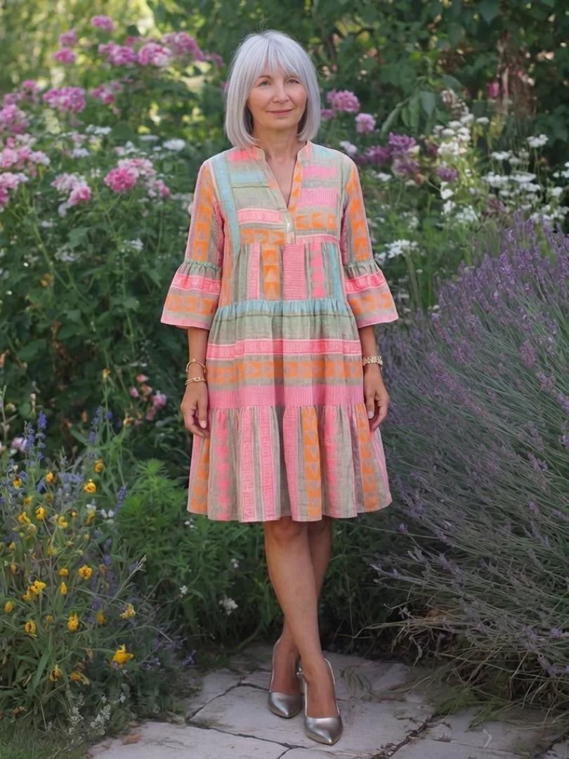 Hester | V-Neck Geometric Print Tiered Knee-Length Dress