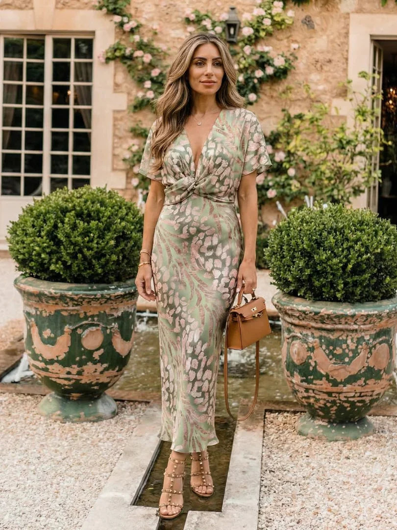 Sasha | V-Neck Abstract Print Twist-Waist Midi Dress