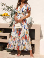 Raya | Pleated Floral Short Sleeve Midi Dress