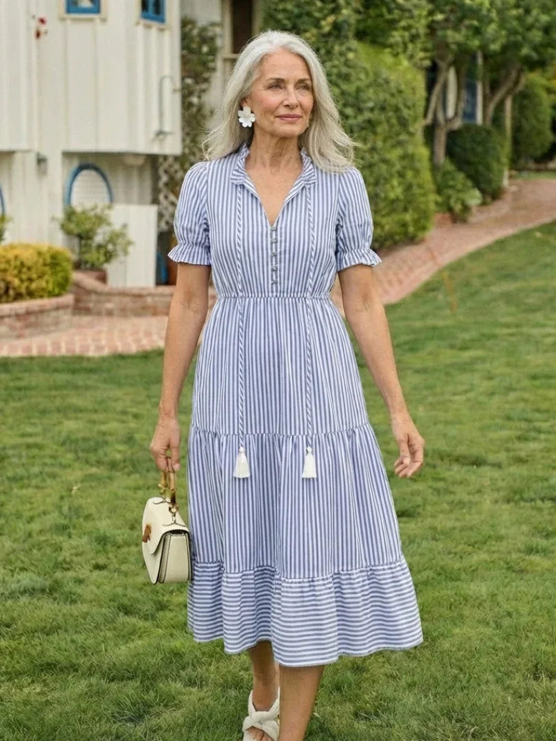Portia | Striped Short Sleeve Tiered Midi Dress