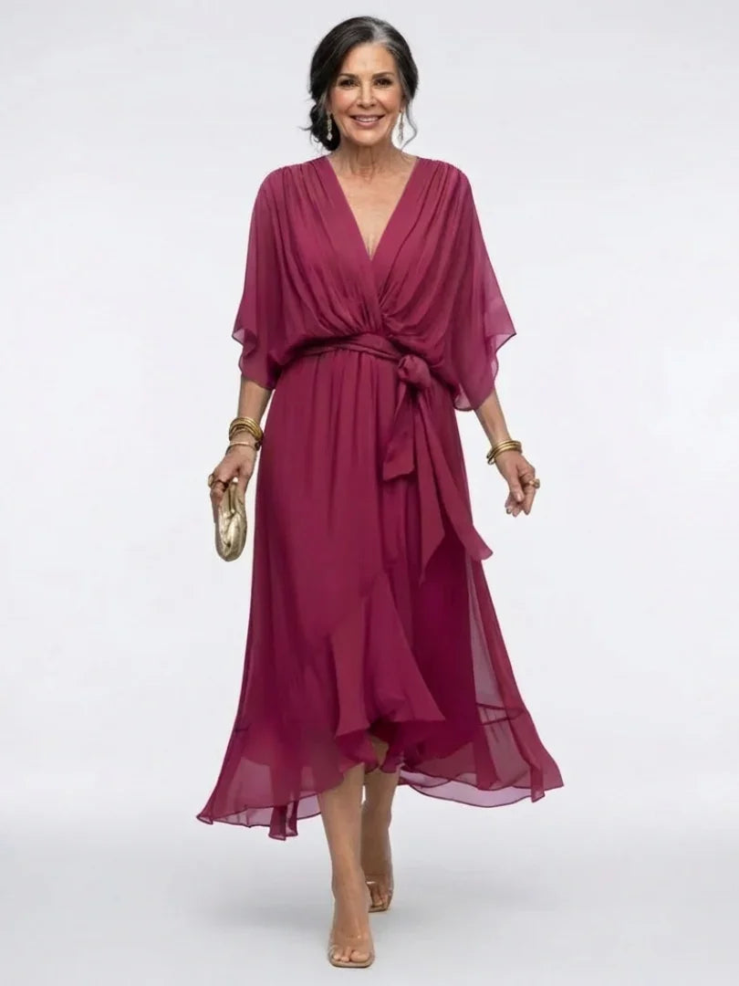Nessa | Draped V-Neck Tie-Waist Midi Dress