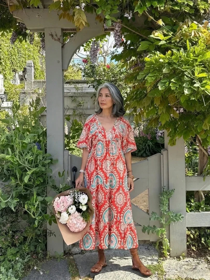Arden | V-Neck Paisley Print Short Sleeve Midi Dress