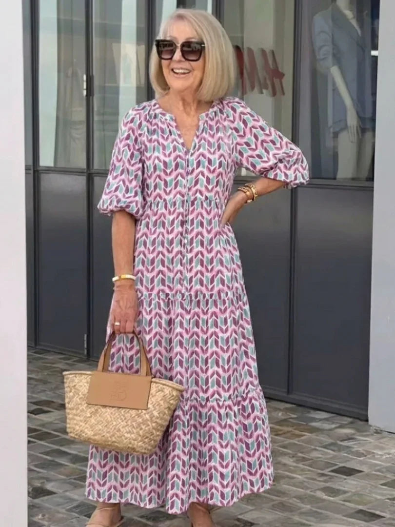 Dorothea | Long Sleeve Geometric Print Tiered Midi Dress