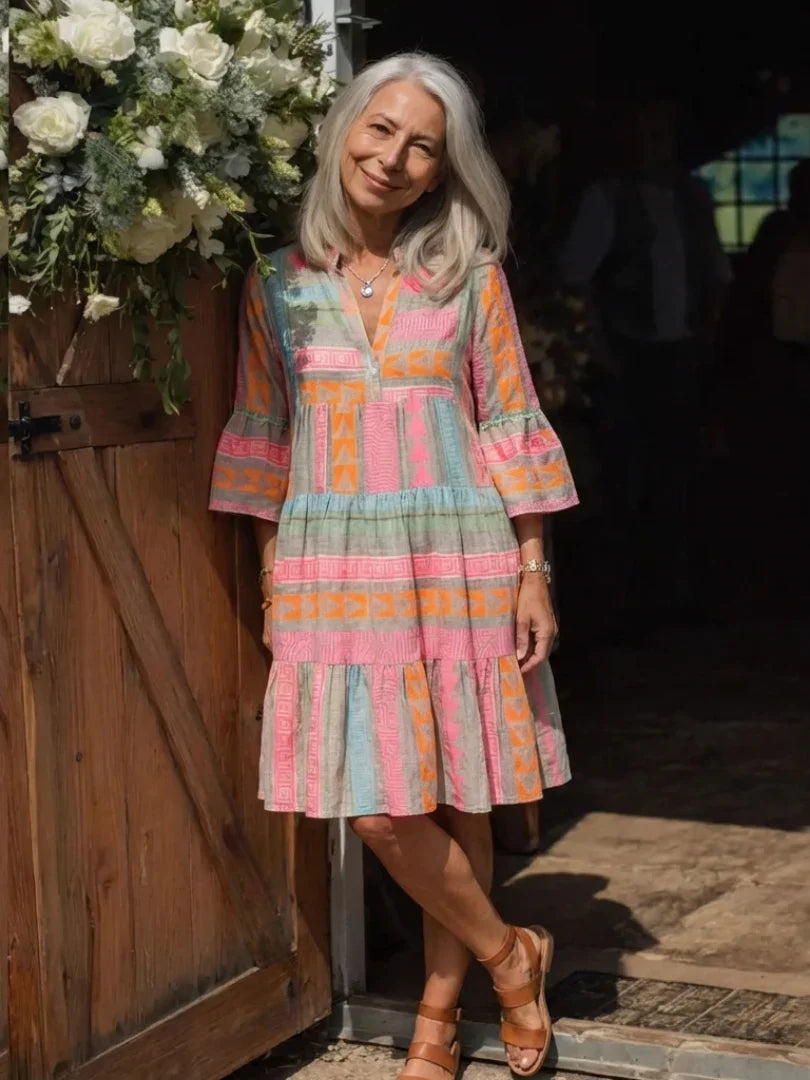 Hester | V-Neck Geometric Print Tiered Knee-Length Dress