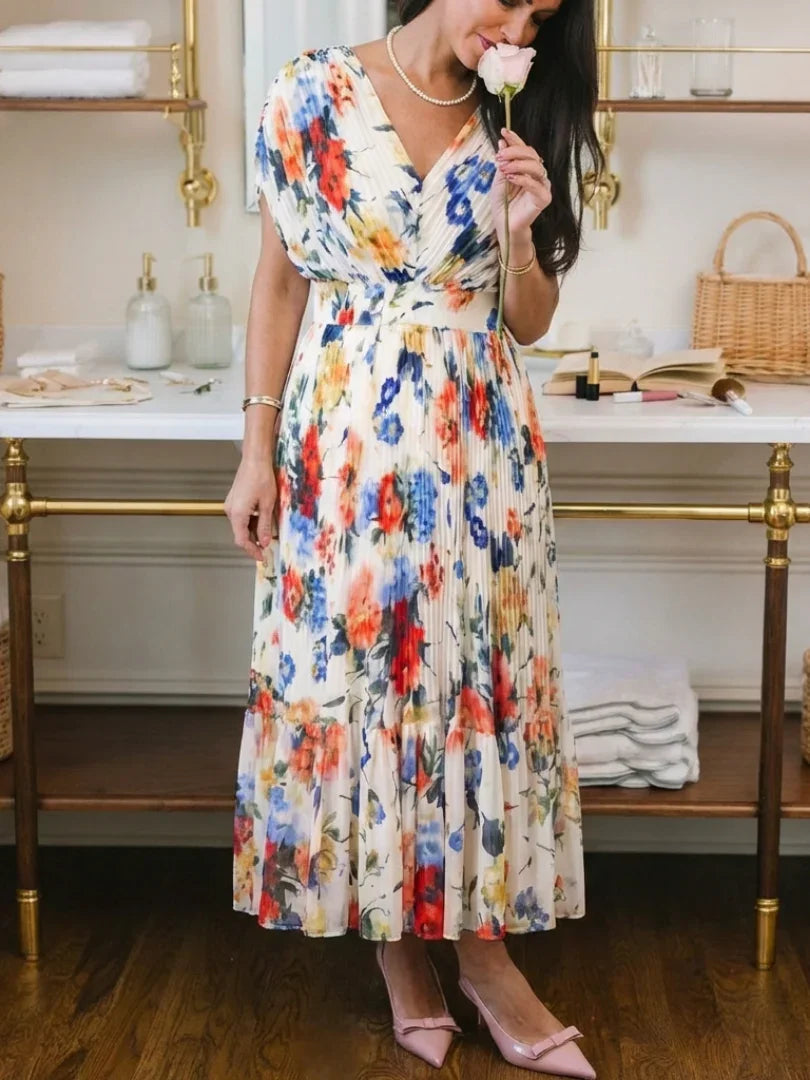 Raya | Pleated Floral Short Sleeve Midi Dress